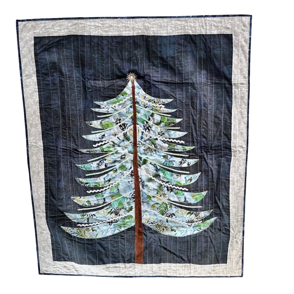 Handmade Christmas Tree Wall Hanging Quilt Star Topper Applique Navy Blue 36x44
